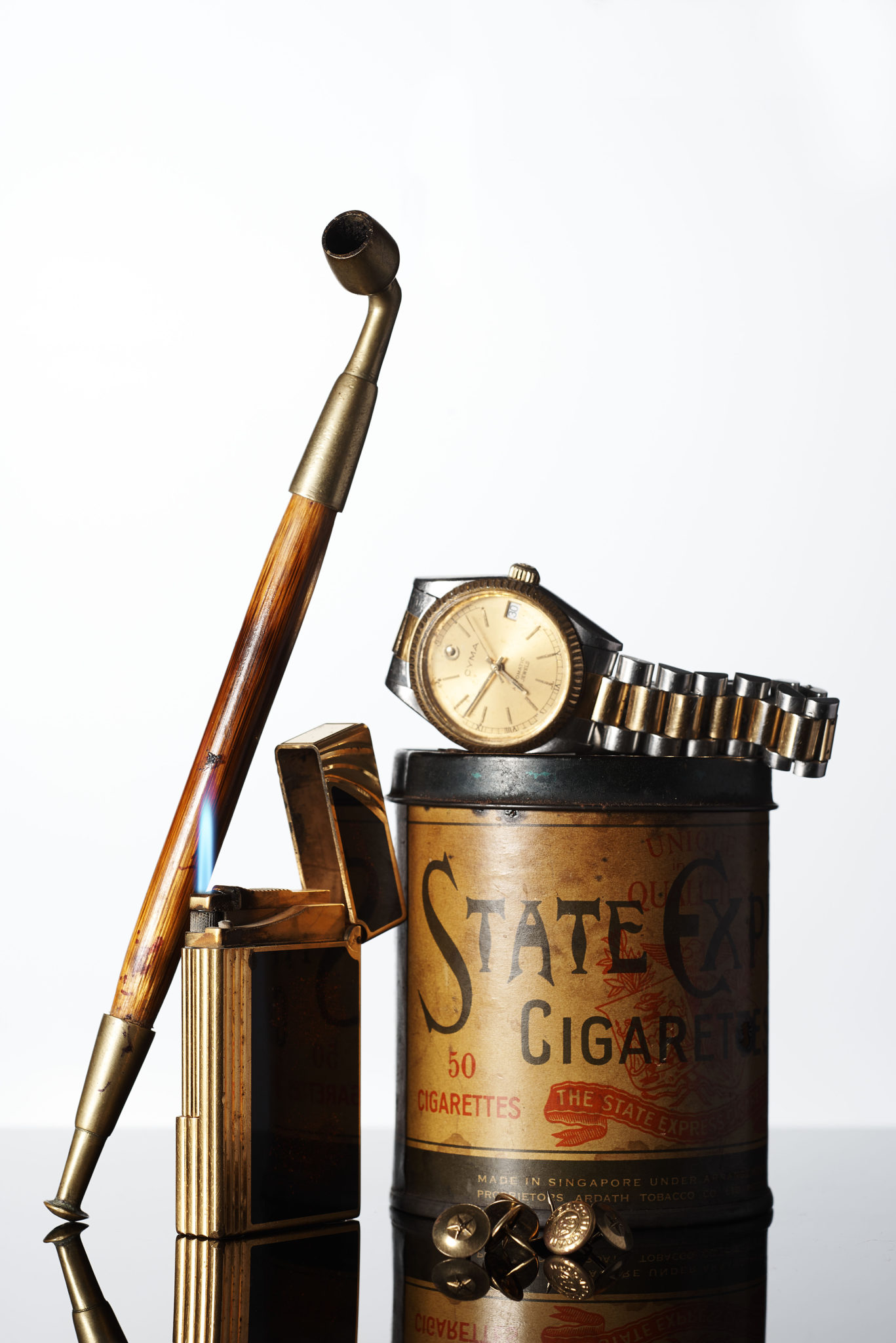 various antique products shot in studio with clean white background