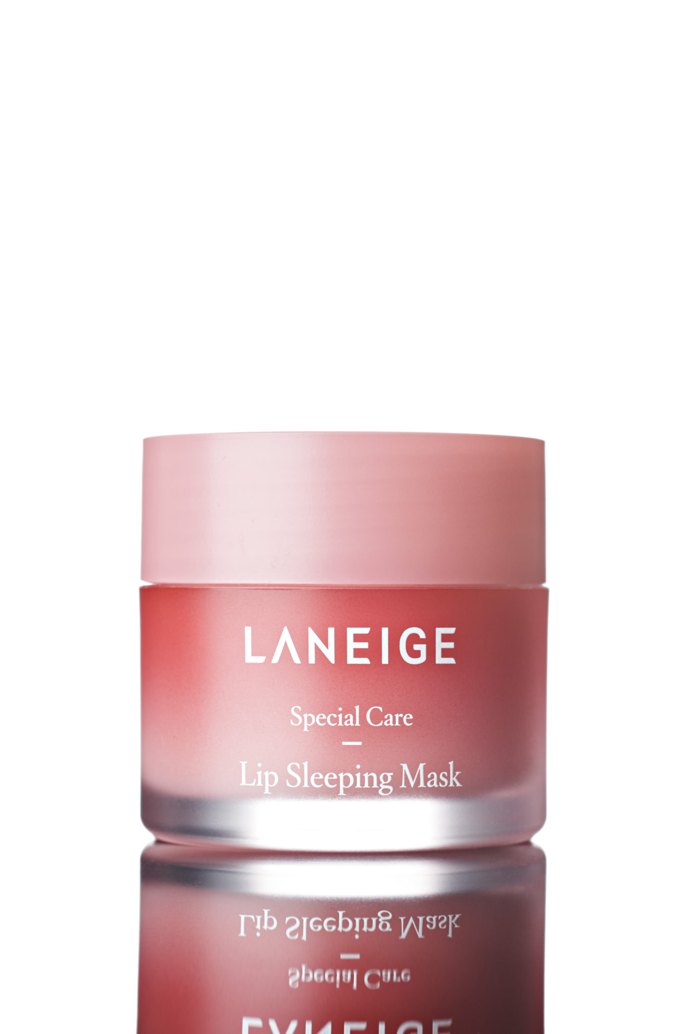 a pink jar of Laneige water sleeping mask shot in studio