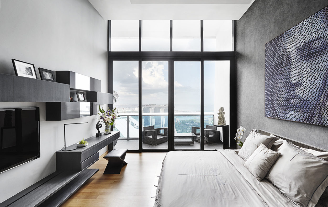 interior photography of a sleek geometric themed bedroom