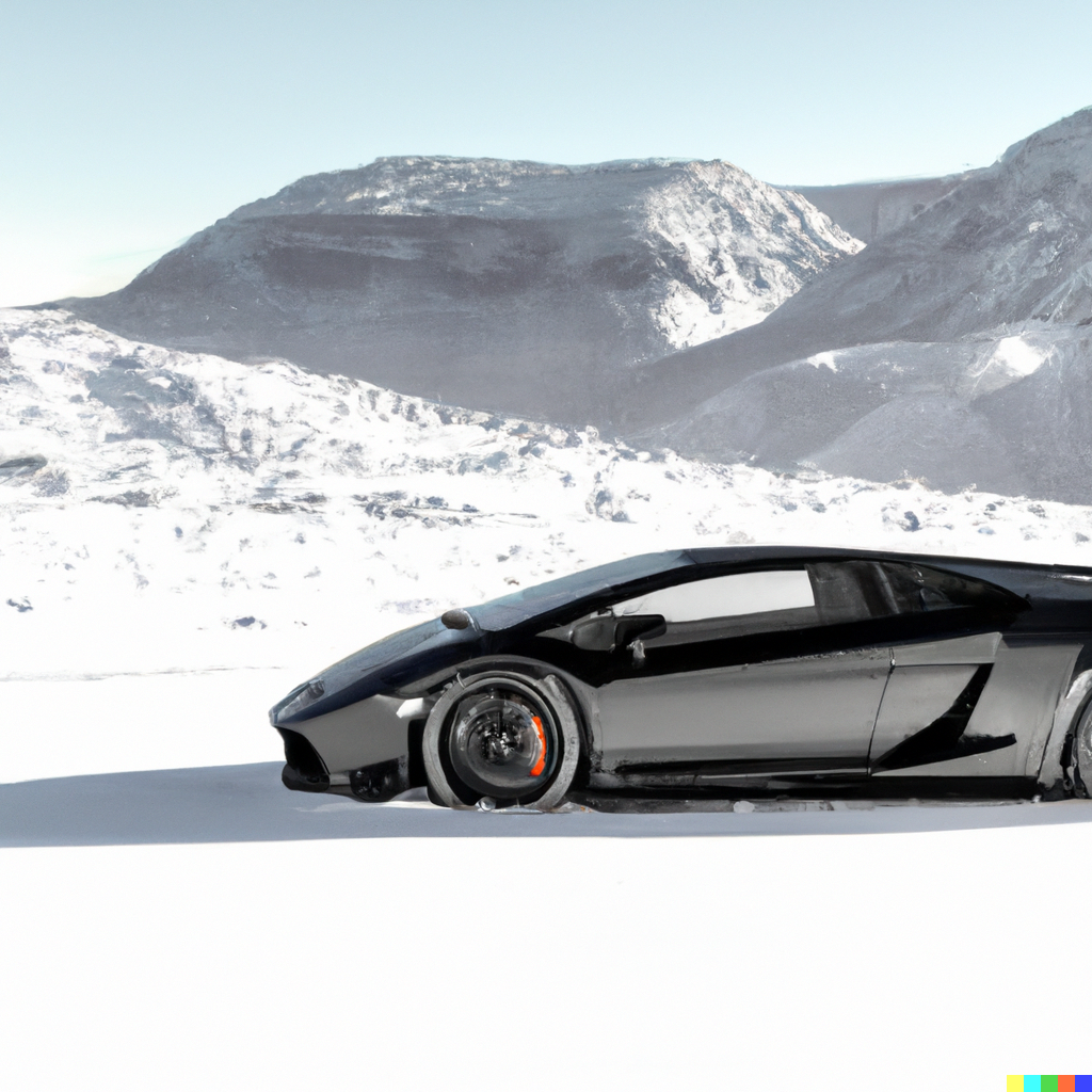 an ai generated picture of a lamborghini with a snowy wintry backdrop