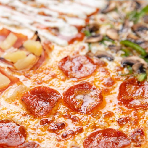 Closeup of John's Pizza four way variety